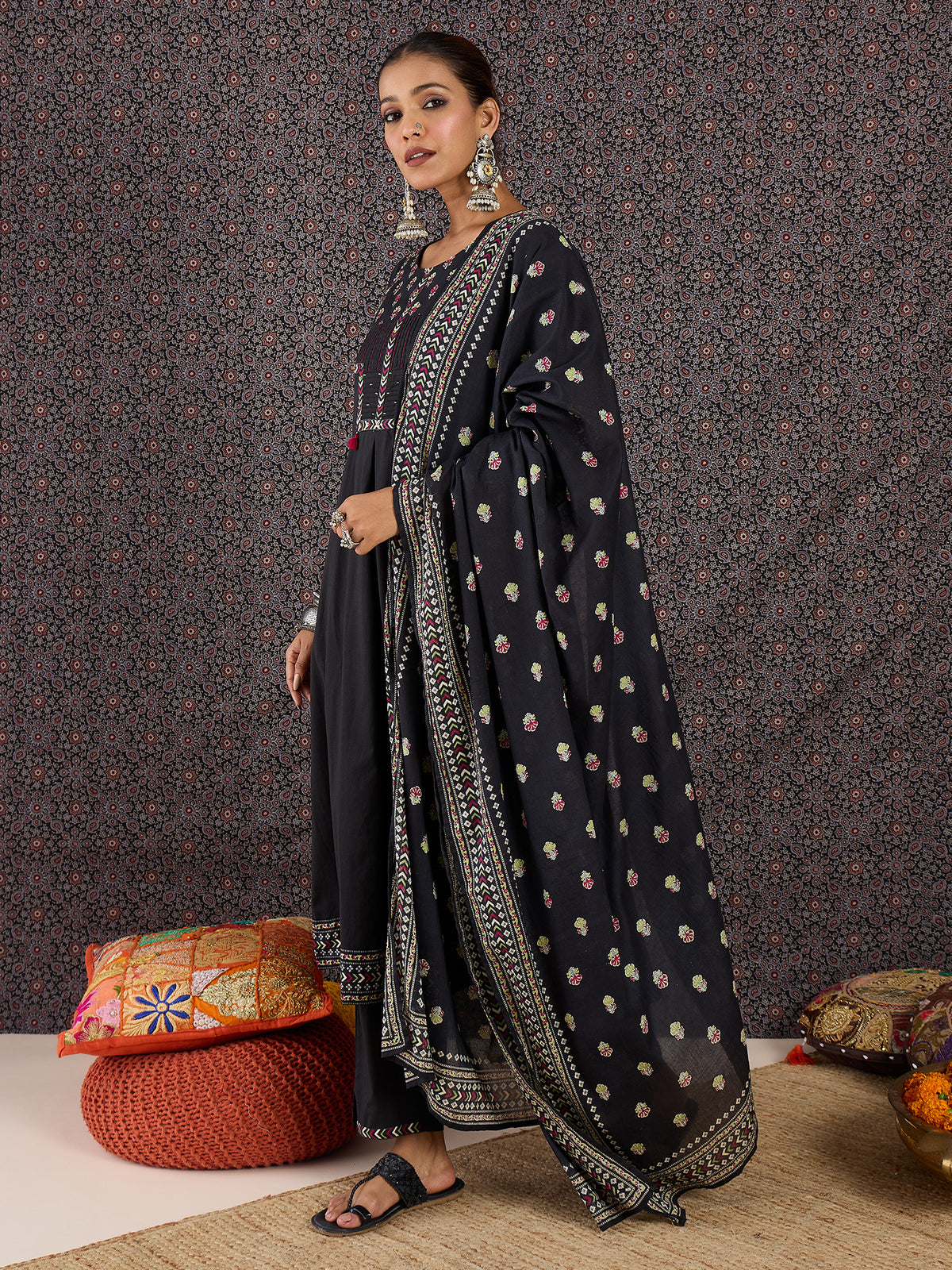 Black Printed A-Line Kurta Trousers With Dupatta set-KH0BK11008