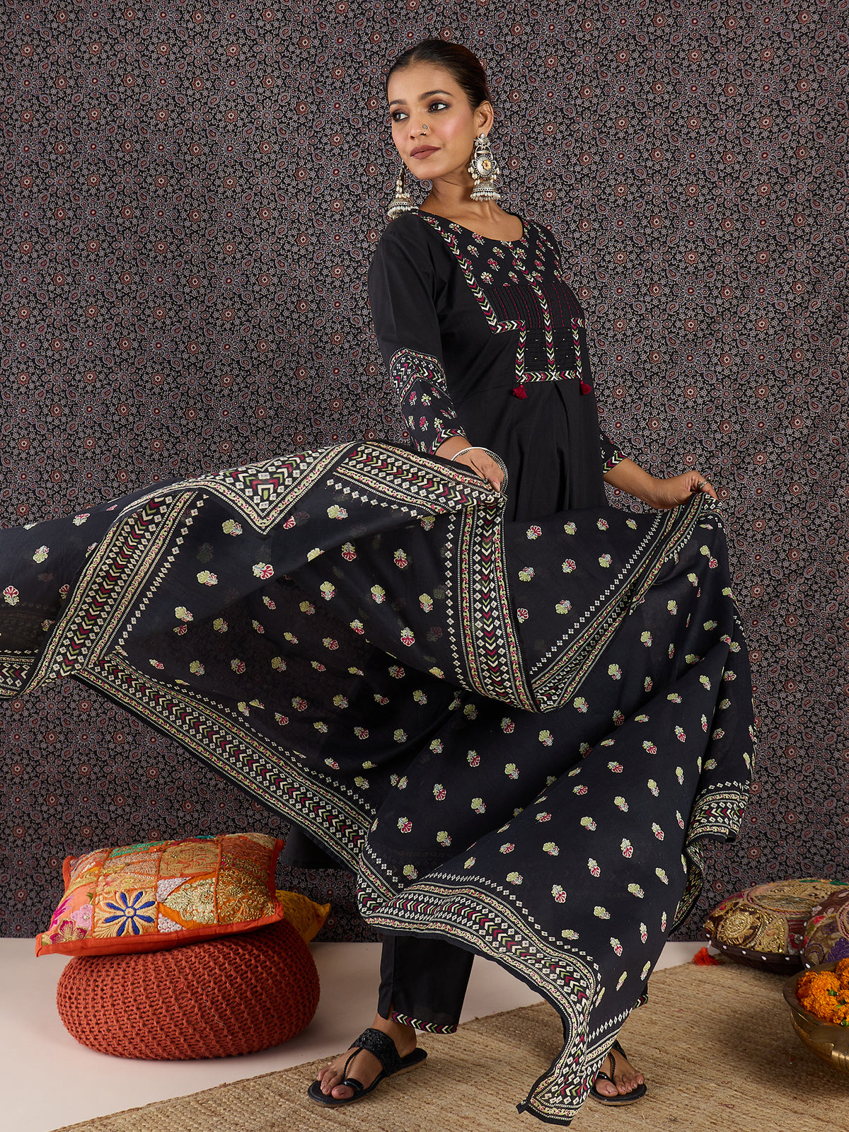 Black Printed A-Line Kurta Trousers With Dupatta set-KH0BK11008