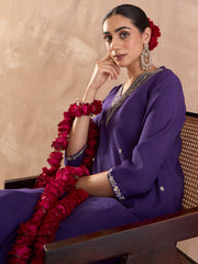 Purple Embroidered Straight Kurta Trousers With Dupatta set