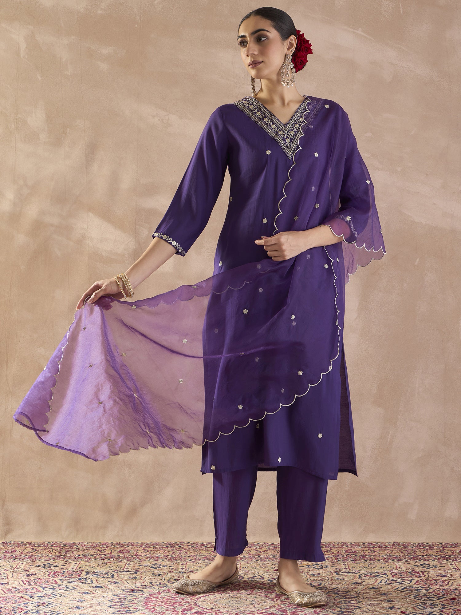 Purple Embroidered Straight Kurta Trousers With Dupatta set