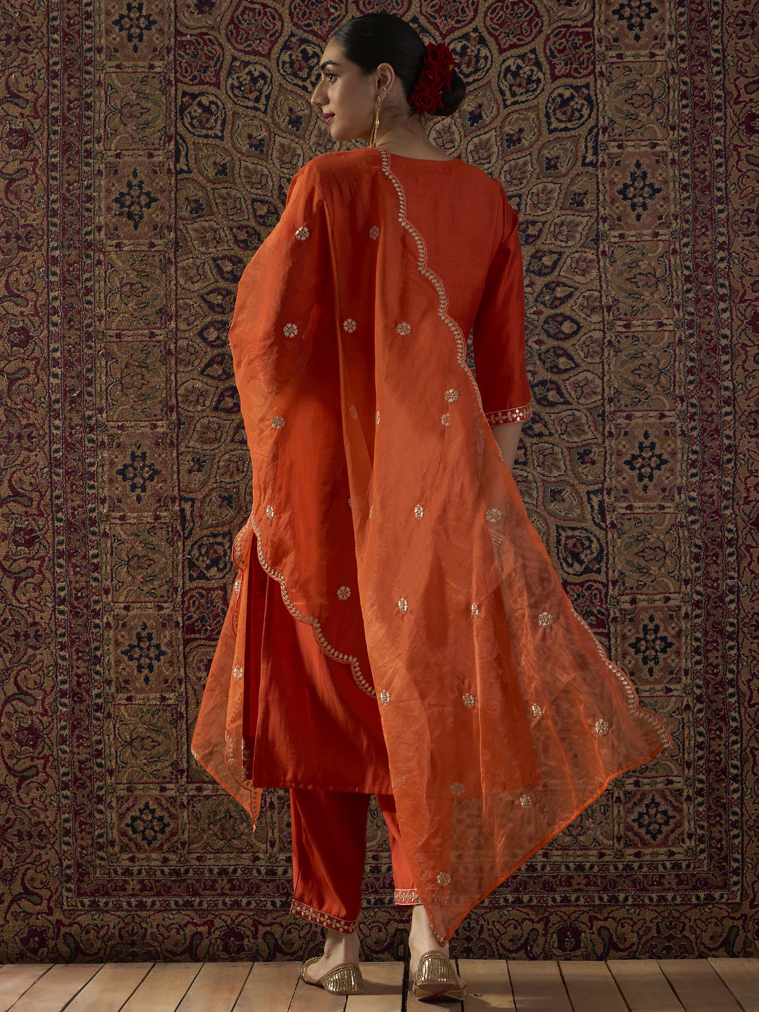 Orange Embroidered Straight Kurta Trousers With Dupatta Set