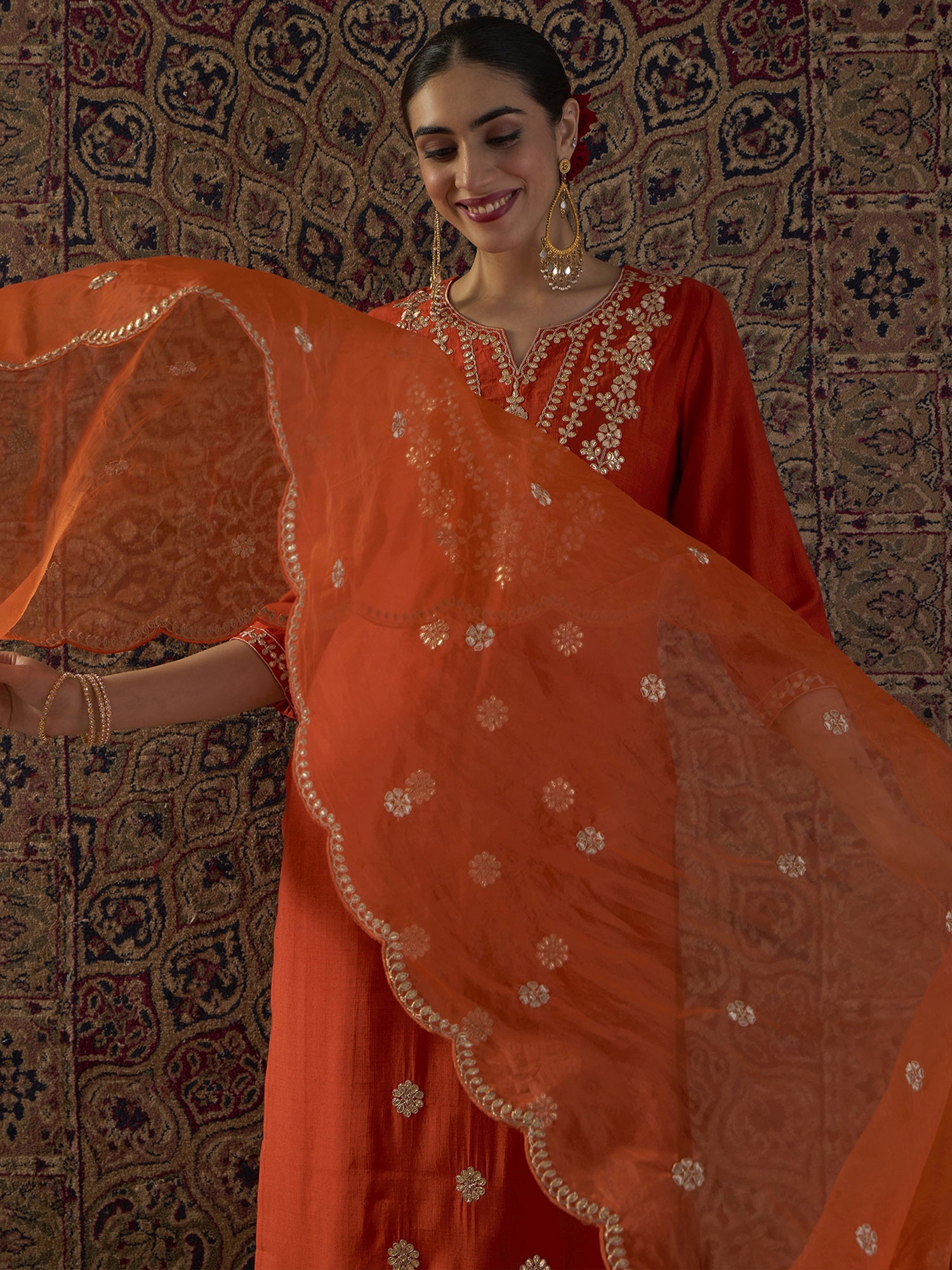 Orange Embroidered Straight Kurta Trousers With Dupatta Set