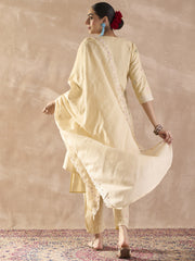 Beige Embroidered Straight Kurta Trousers With Dupatta Set