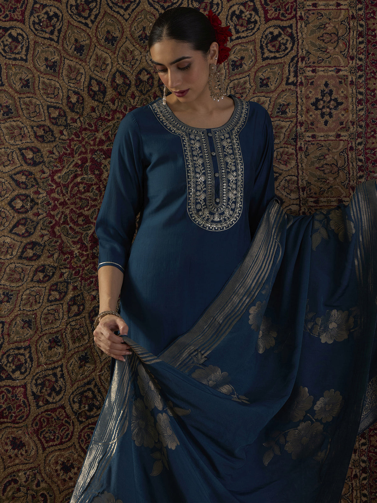 Teal Embroidered Straight Kurta Trousers With Dupatta set-KH9TL12338