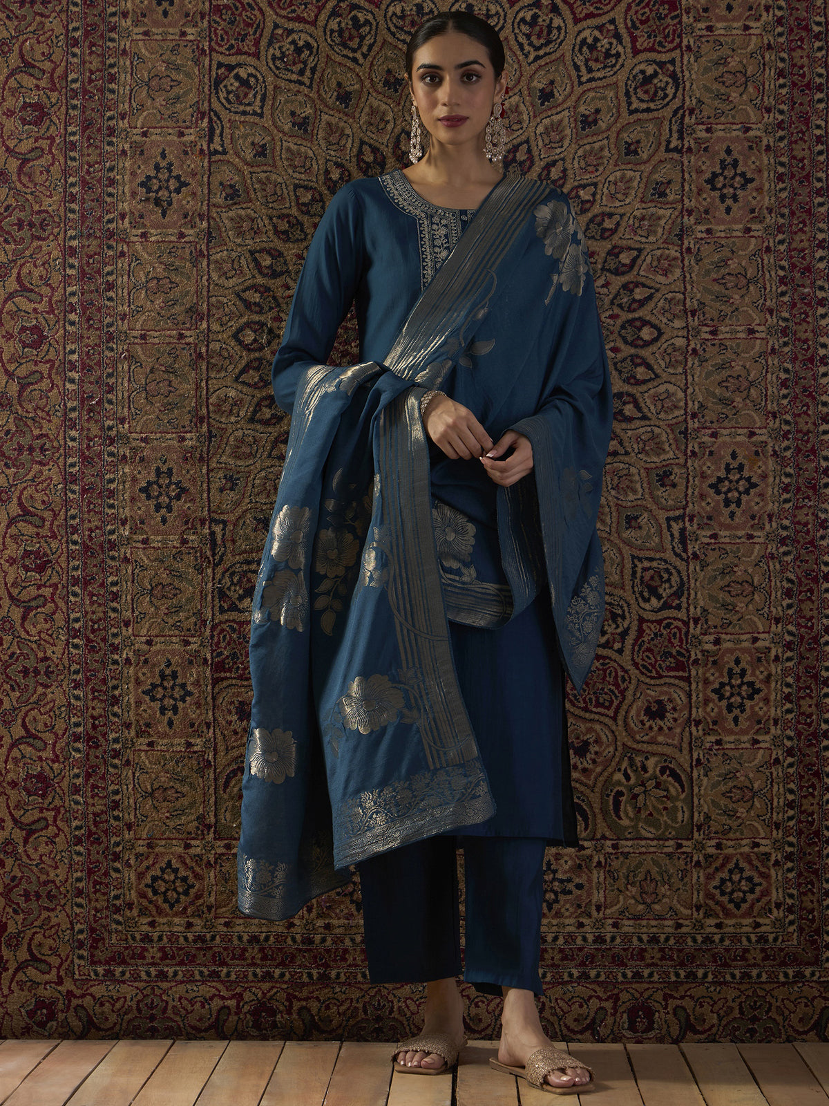 Teal Embroidered Straight Kurta Trousers With Dupatta set-KH9TL12338