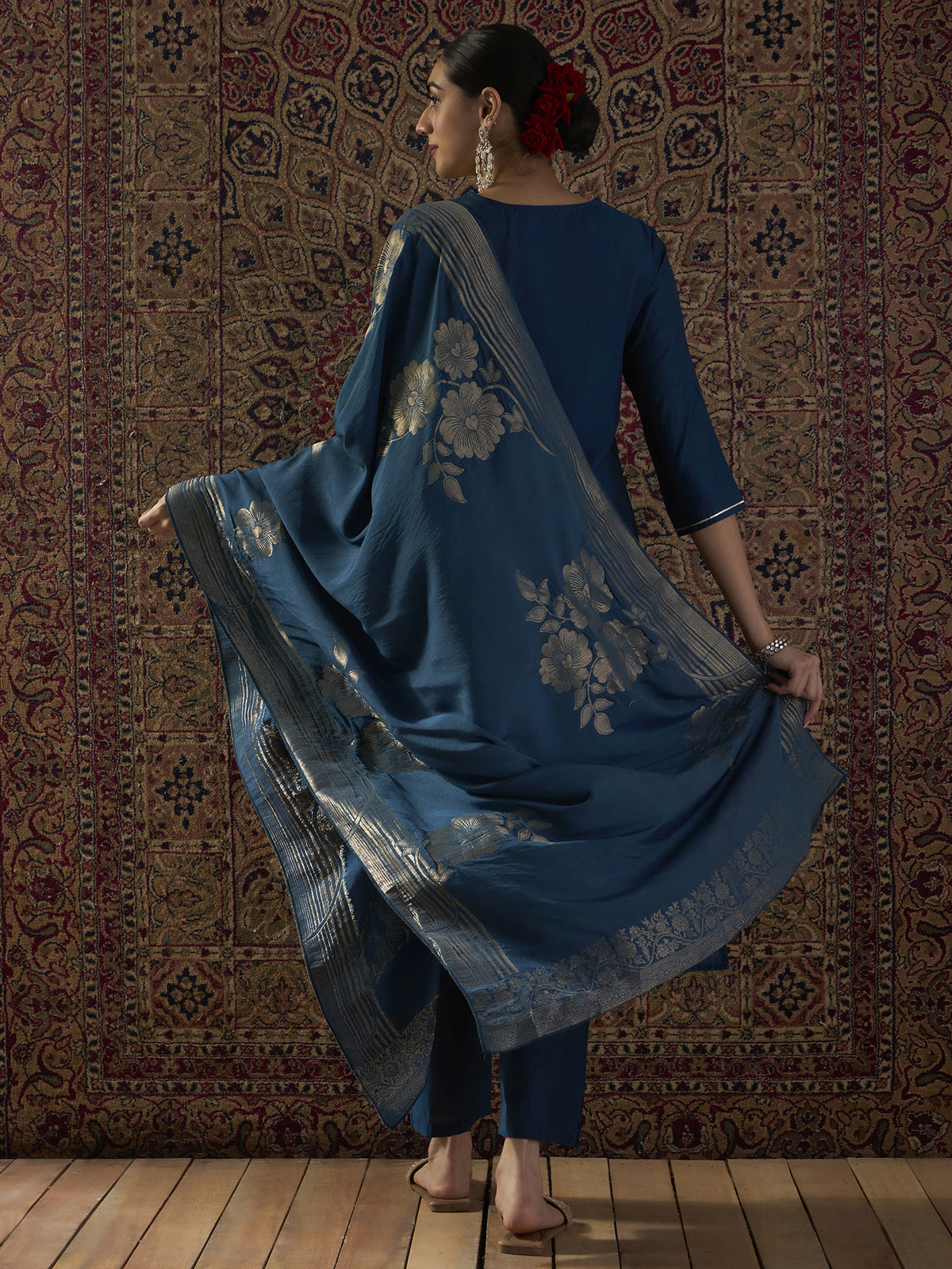 Teal Embroidered Straight Kurta Trousers With Dupatta set-KH9TL12338