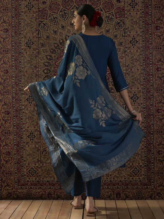 Teal Embroidered Straight Kurta Trousers With Dupatta set-KH9TL12338