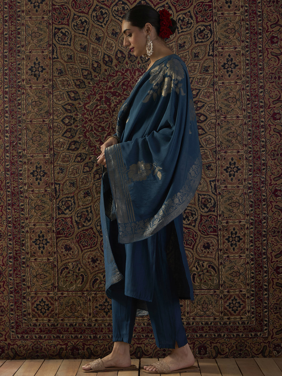 Teal Embroidered Straight Kurta Trousers With Dupatta set-KH9TL12338