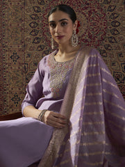 Purple Embroidered Straight Kurta Trousers With Dupatta Set