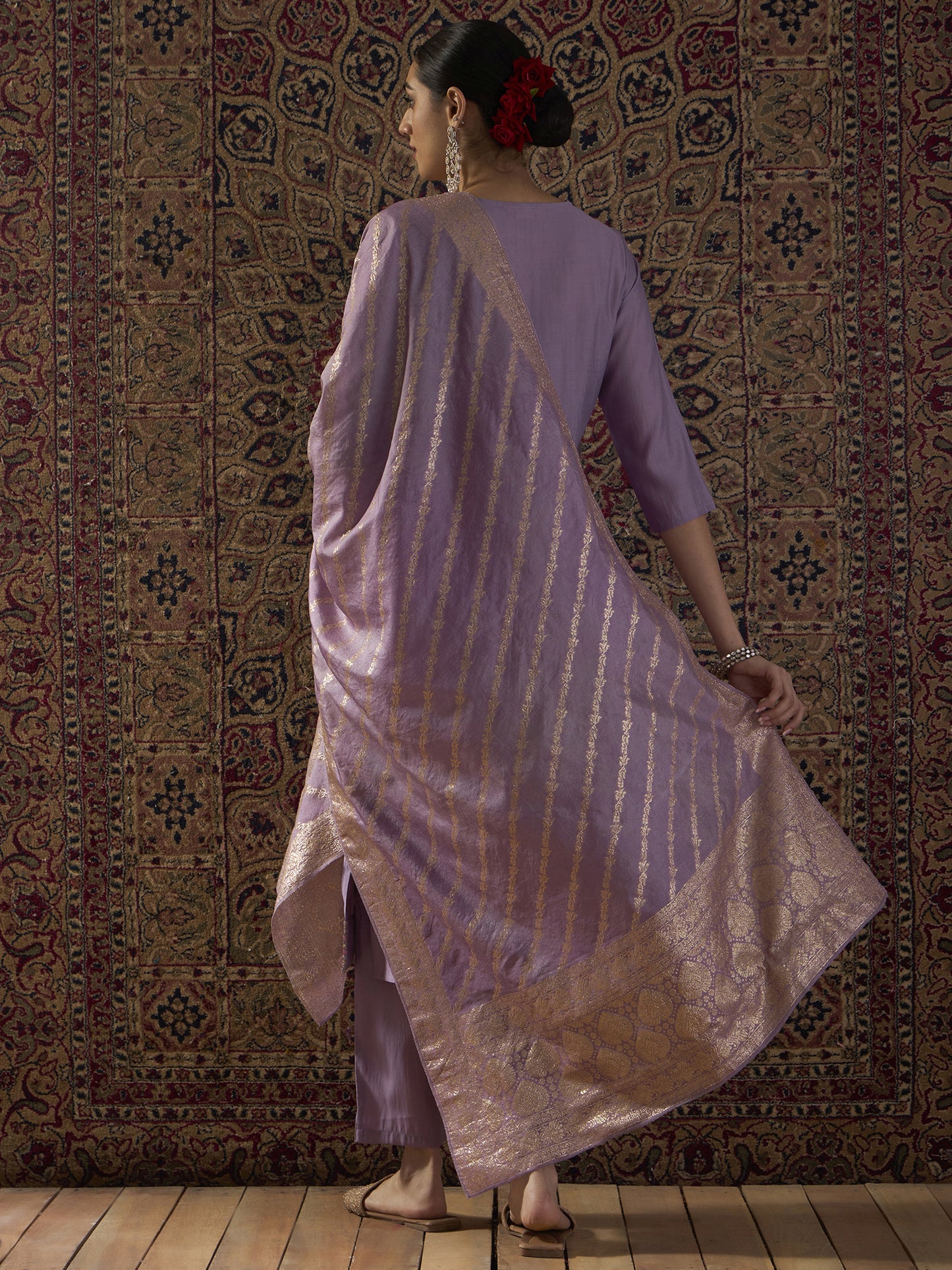 Purple Embroidered Straight Kurta Trousers With Dupatta Set