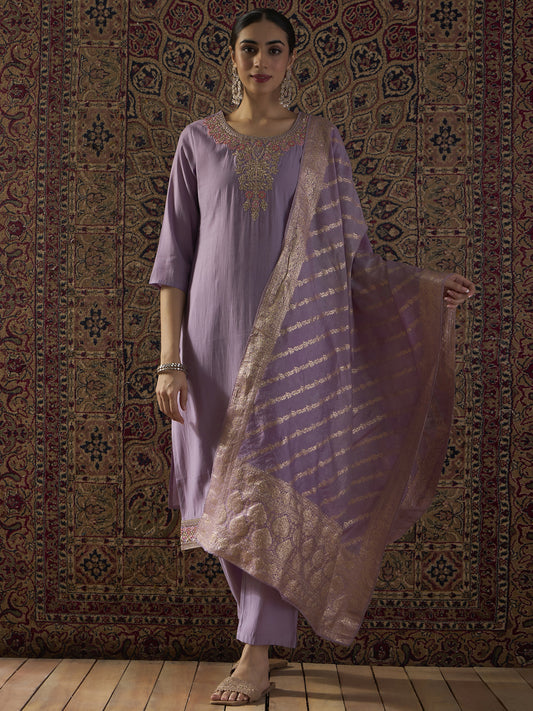 Purple Embroidered Straight Kurta Trousers With Dupatta Set