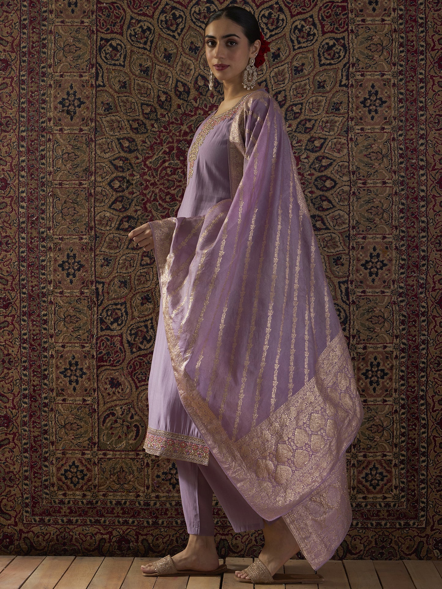 Purple Embroidered Straight Kurta Trousers With Dupatta Set