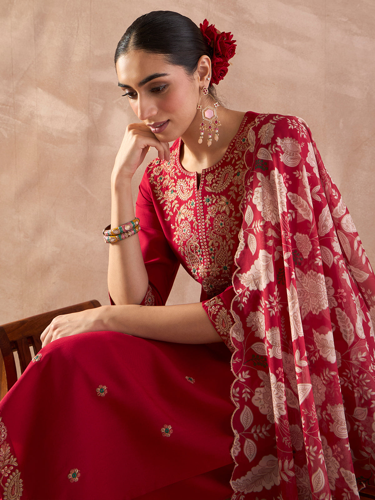 Pink Embroidered Straight Kurta Palazzos With Dupatta set-KH5PK12089
