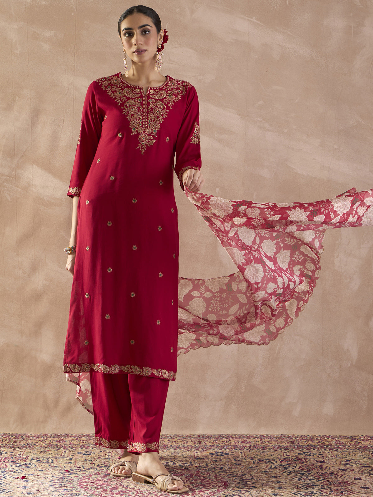 Pink Embroidered Straight Kurta Palazzos With Dupatta set-KH5PK12089