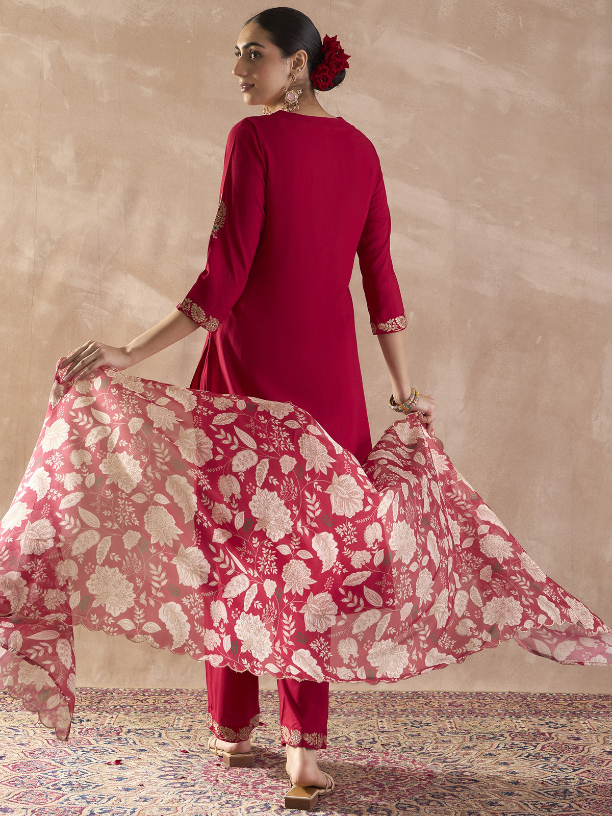 Pink Embroidered Straight Kurta Palazzos With Dupatta set-KH5PK12089
