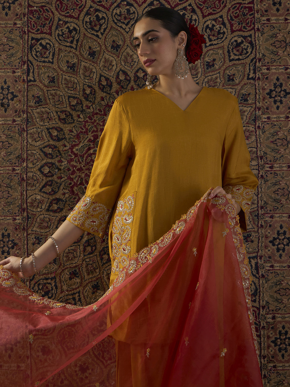 Yellow Embroidered Straight Kurta Trousers With Dupatta set