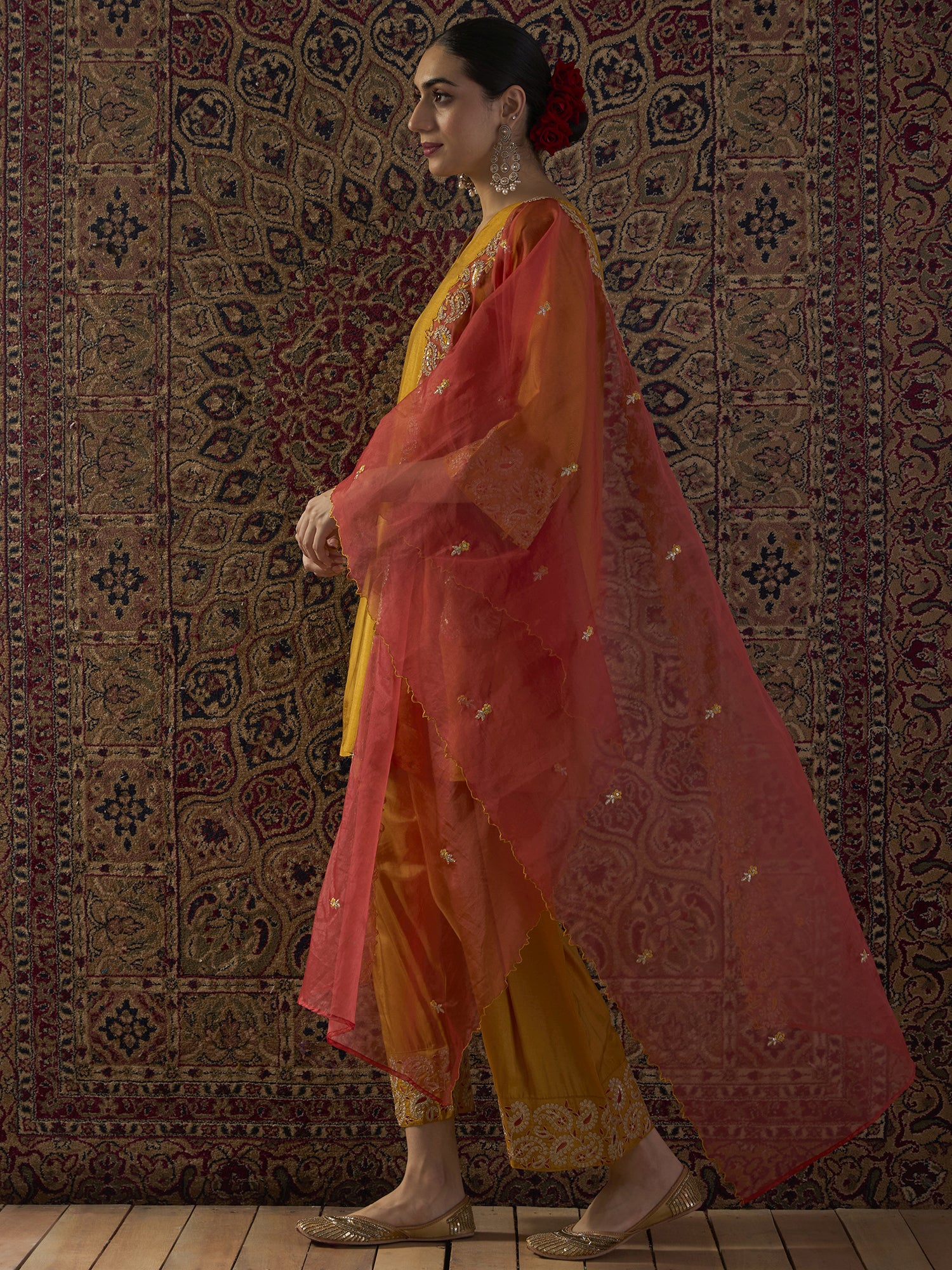 Yellow Embroidered Straight Kurta Trousers With Dupatta set