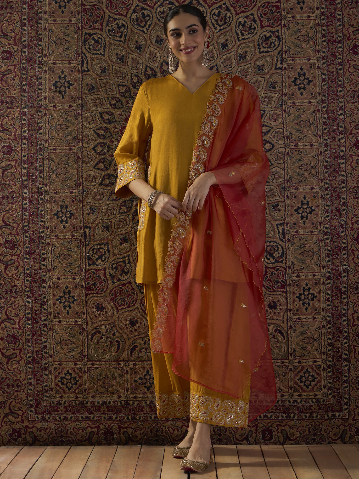 Yellow Embroidered Straight Kurta Trousers With Dupatta set