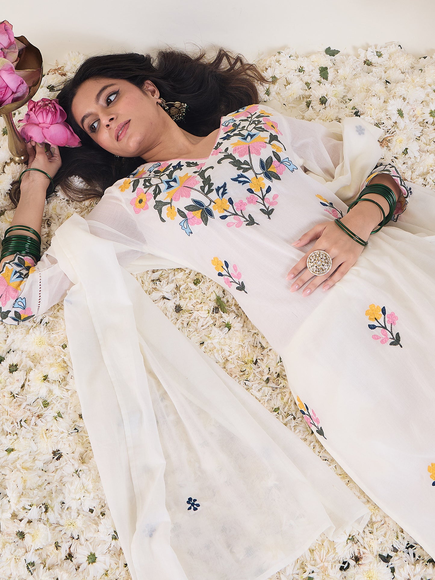 White Embroidered Straight Kurta Trousers With Dupatta Set