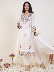 White Embroidered Straight Kurta Trousers With Dupatta Set