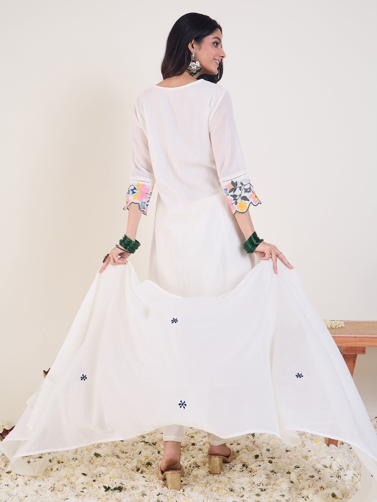 White Embroidered Straight Kurta Trousers With Dupatta Set