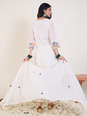 White Embroidered Straight Kurta Trousers With Dupatta Set