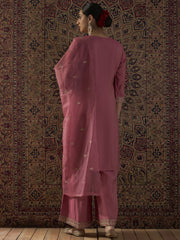 Pink Embroidered Straight Kurta Palazzos With Dupatta Set