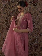 Pink Embroidered Straight Kurta Palazzos With Dupatta Set