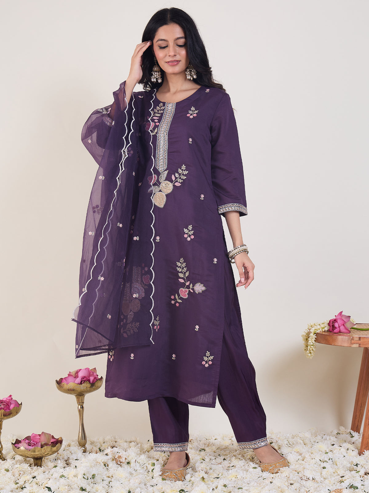 Purple Embroidered Straight Kurta Trousers With Dupatta Set-KH9PR12425