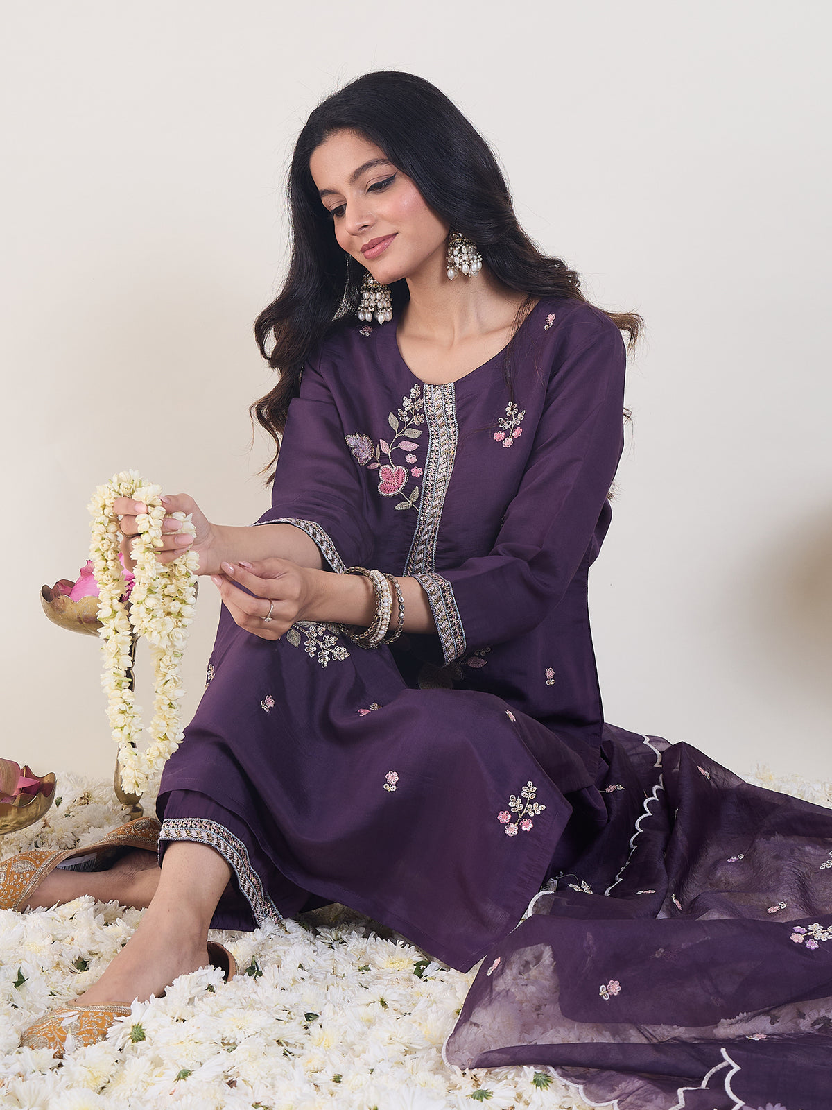 Purple Embroidered Straight Kurta Trousers With Dupatta Set-KH9PR12425