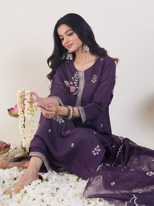 Purple Embroidered Straight Kurta Trousers With Dupatta Set-KH9PR12425