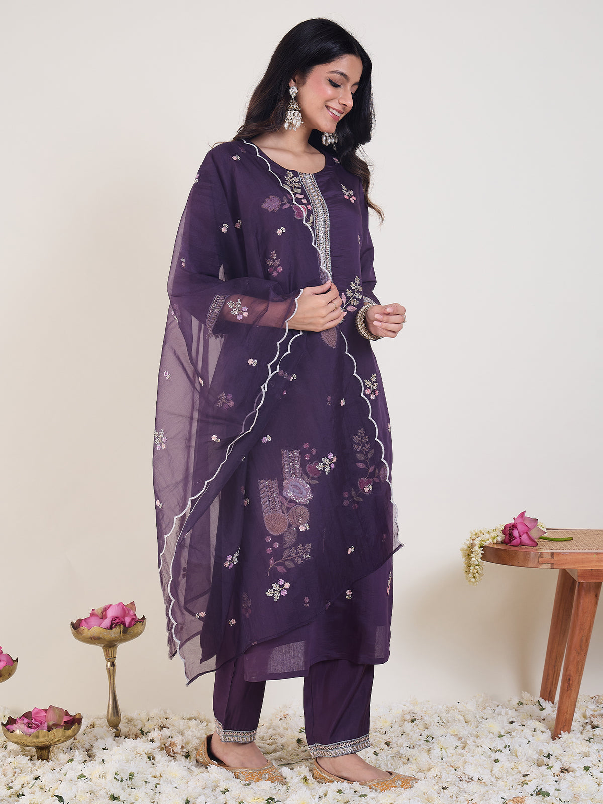 Purple Embroidered Straight Kurta Trousers With Dupatta Set-KH9PR12425