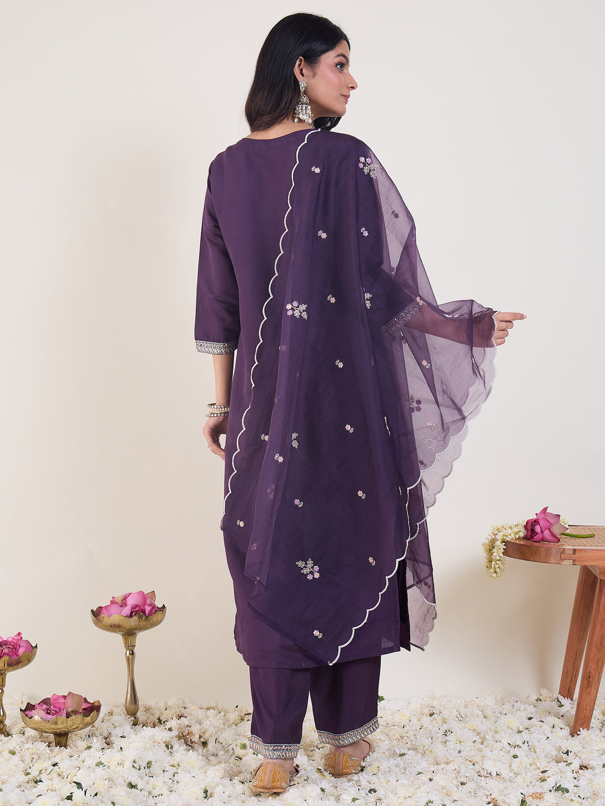 Purple Embroidered Straight Kurta Trousers With Dupatta Set-KH9PR12425