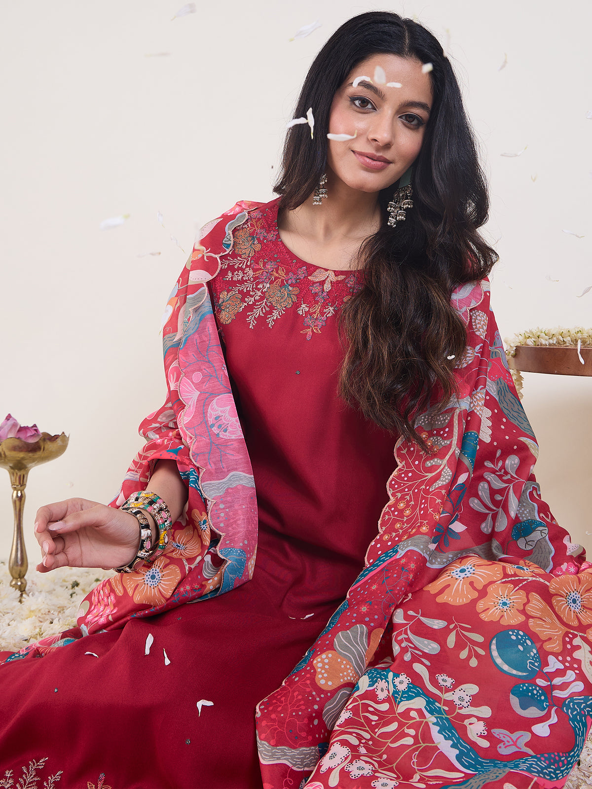 Pink Embroidered Straight Kurta Palazzos With Dupatta set