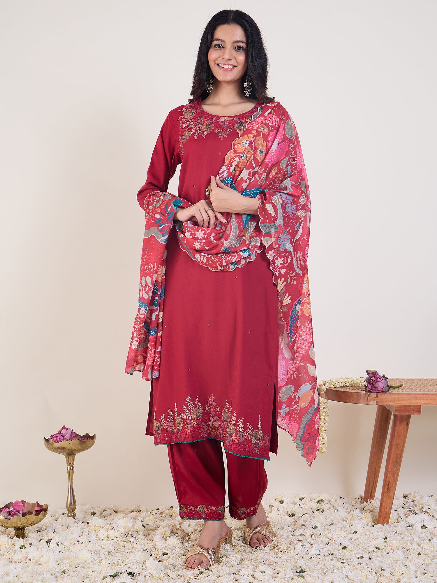 Pink Embroidered Straight Kurta Palazzos With Dupatta set