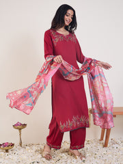Pink Embroidered Straight Kurta Palazzos With Dupatta set