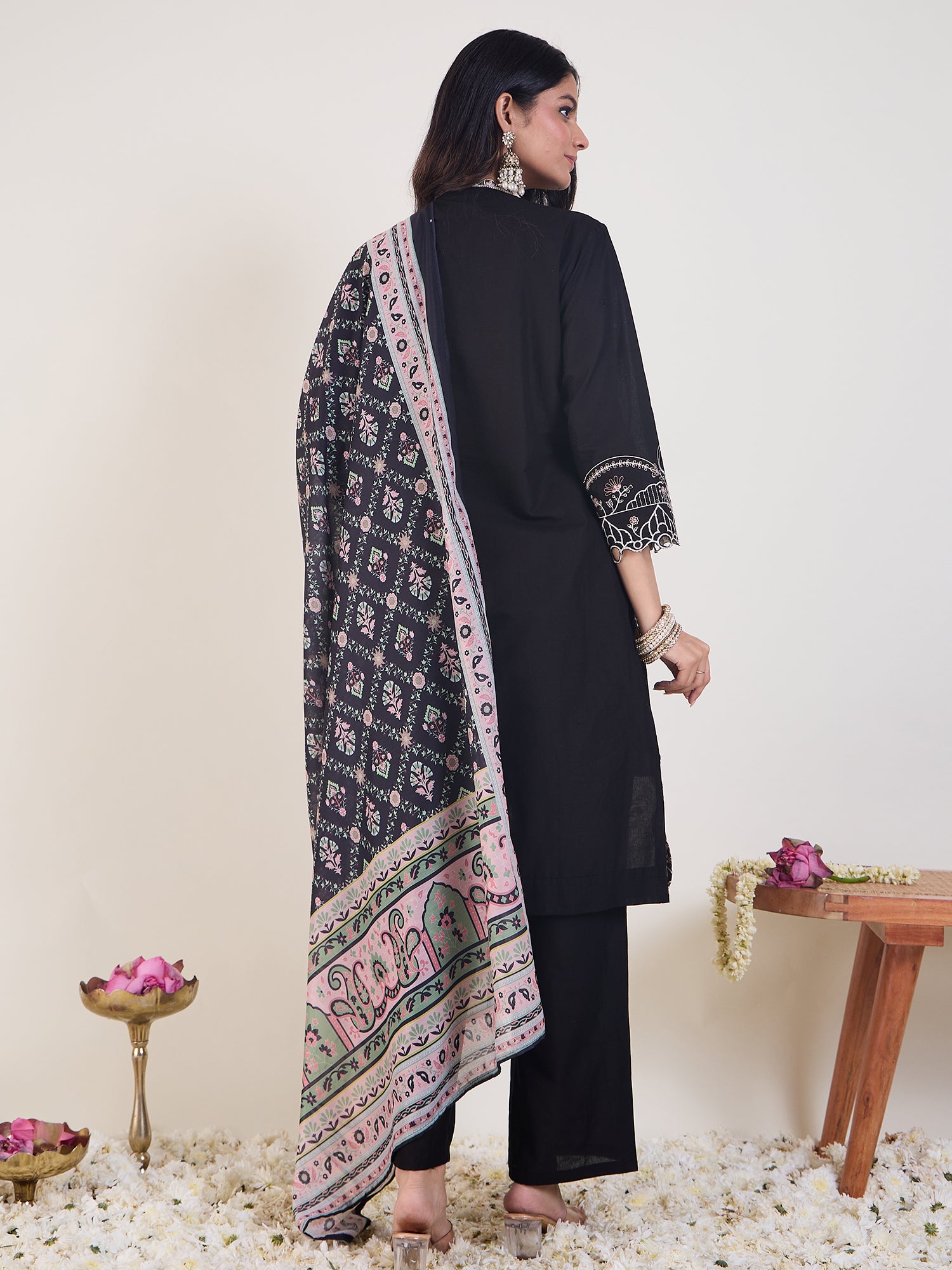 Black Embroidered Straight Kurta Trousers With Dupatta Set