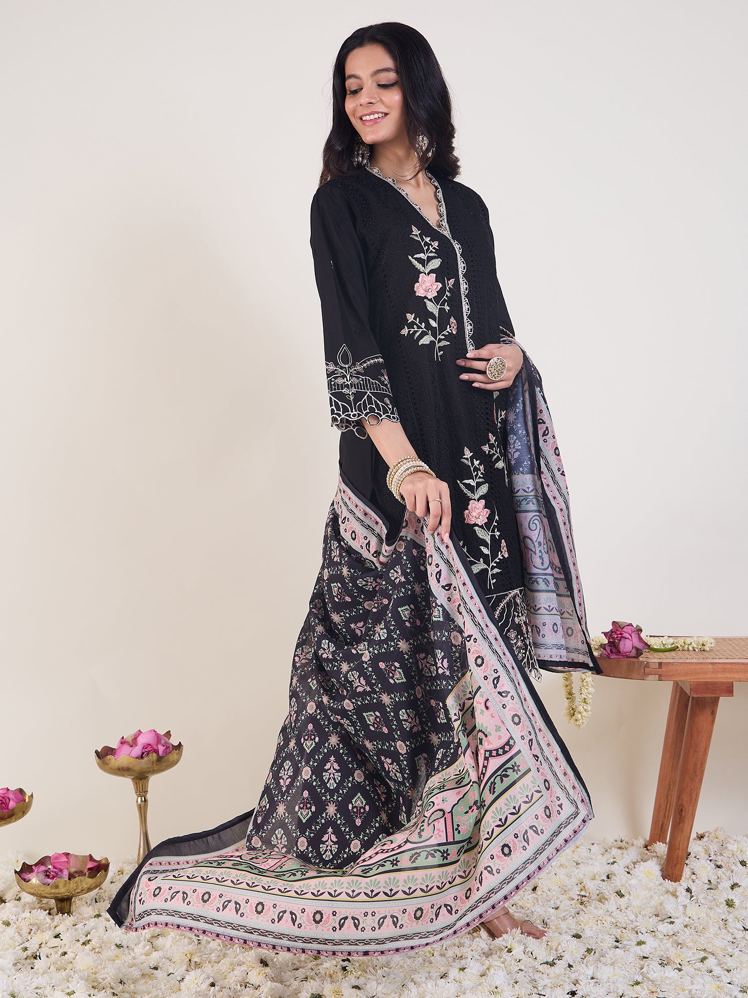 Black Embroidered Straight Kurta Trousers With Dupatta Set