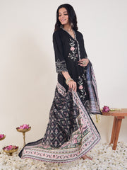 Black Embroidered Straight Kurta Trousers With Dupatta Set