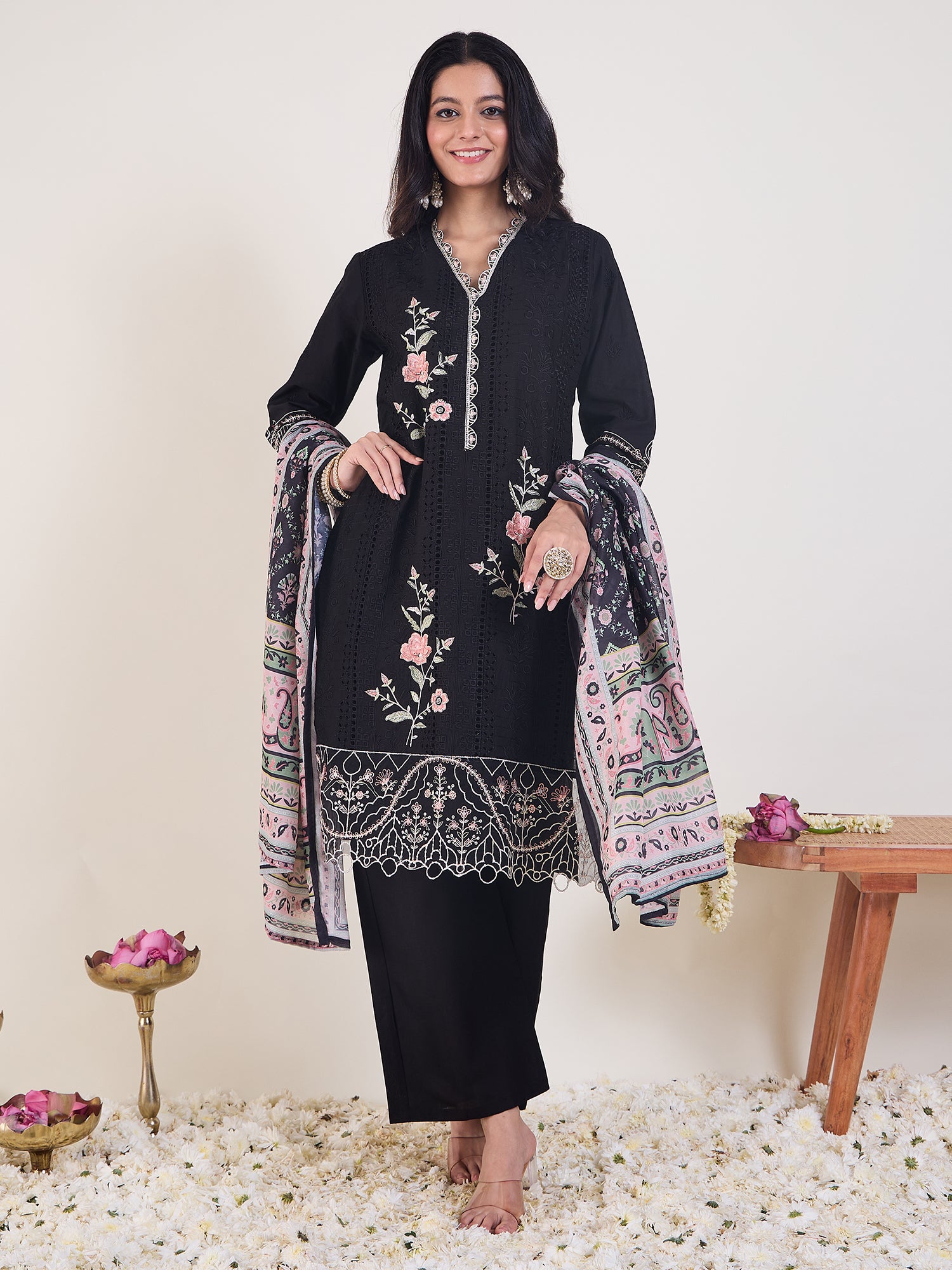 Black Embroidered Straight Kurta Trousers With Dupatta Set