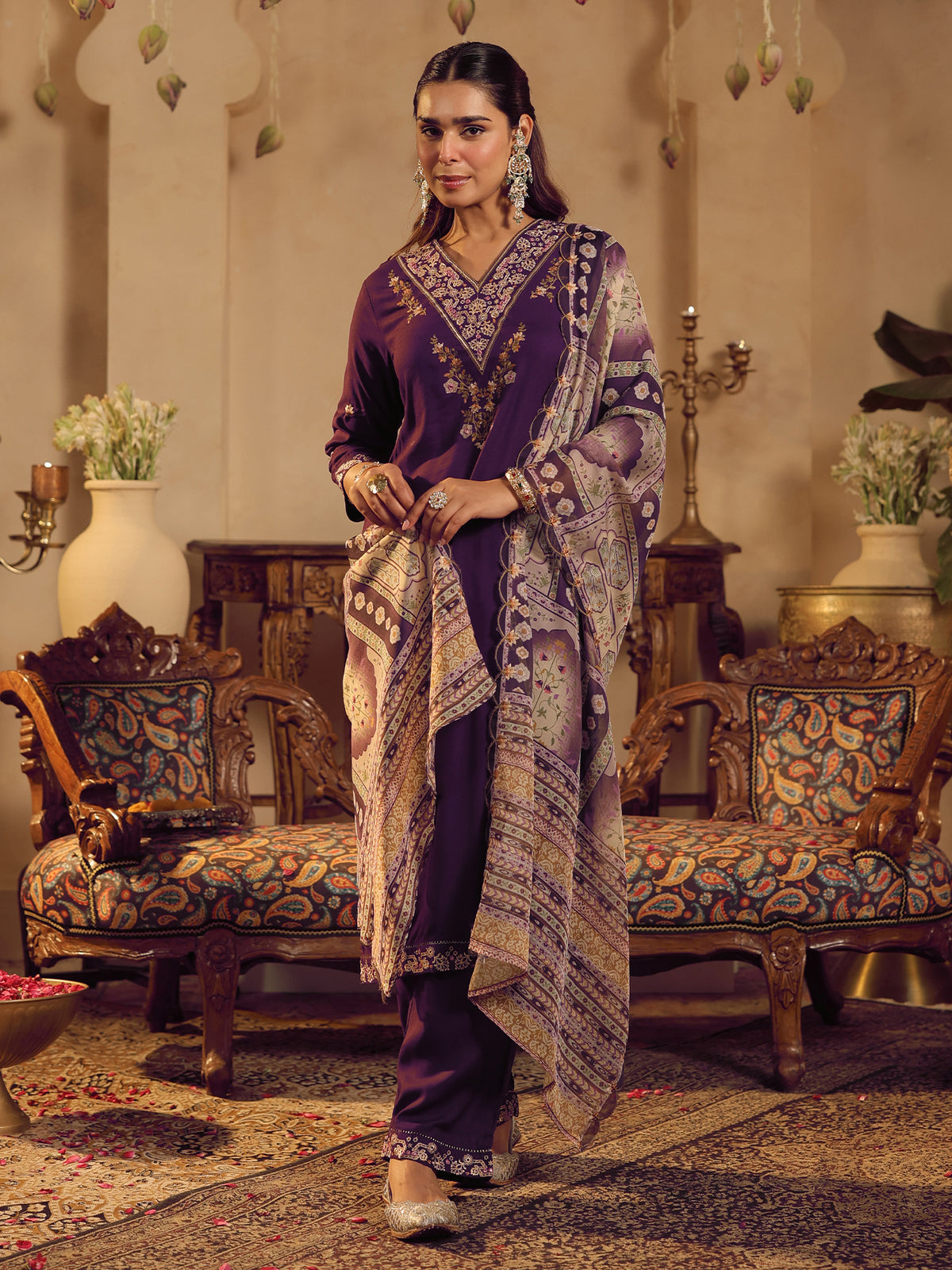 Purple Embroidered Straight Kurta Palazzos With Dupatta Set-KH5PR12086