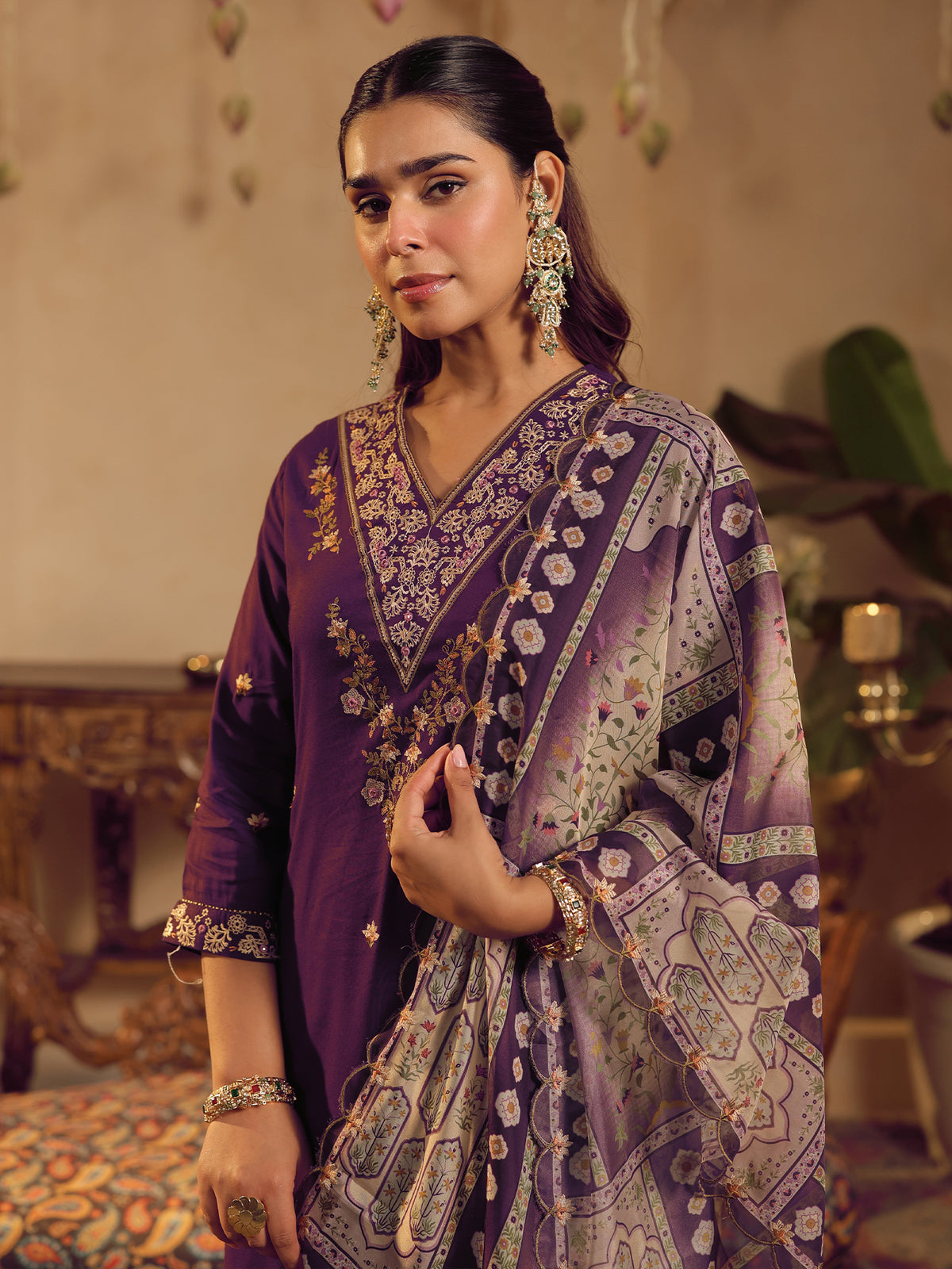 Purple Embroidered Straight Kurta Palazzos With Dupatta Set-KH5PR12086