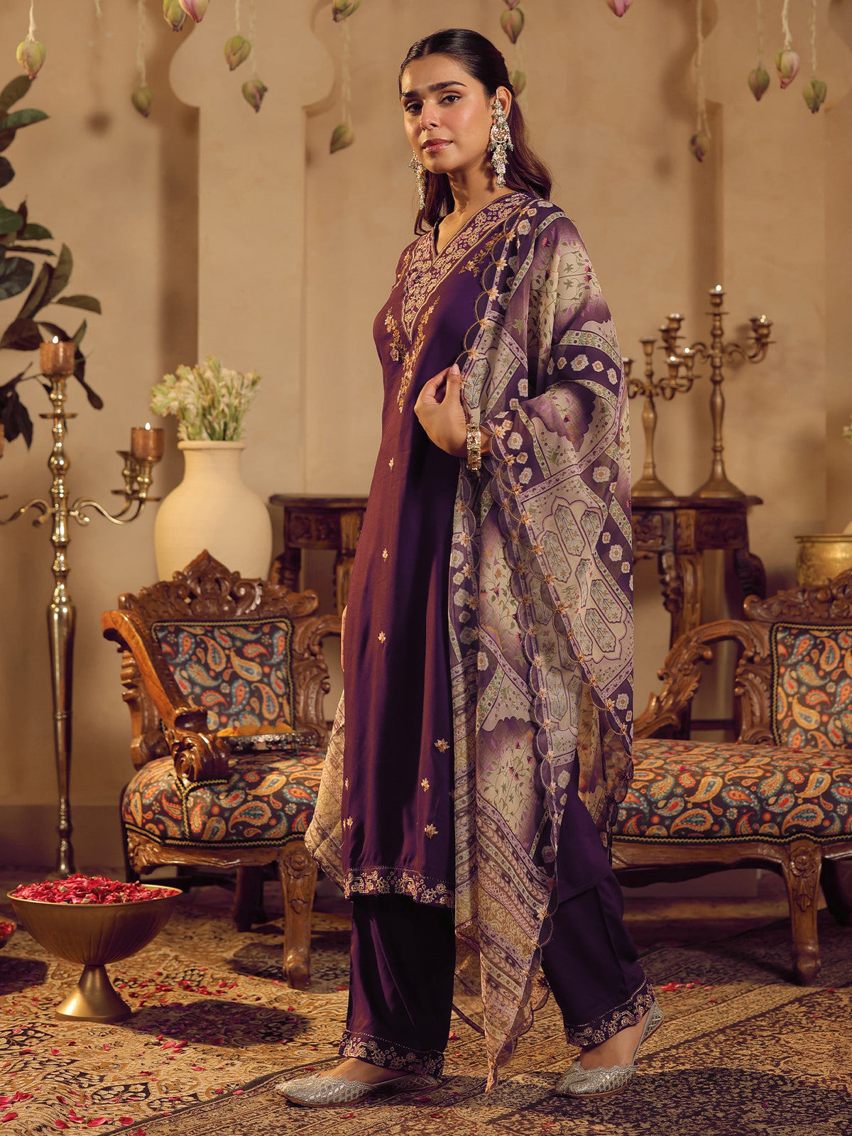 Purple Embroidered Straight Kurta Palazzos With Dupatta Set-KH5PR12086