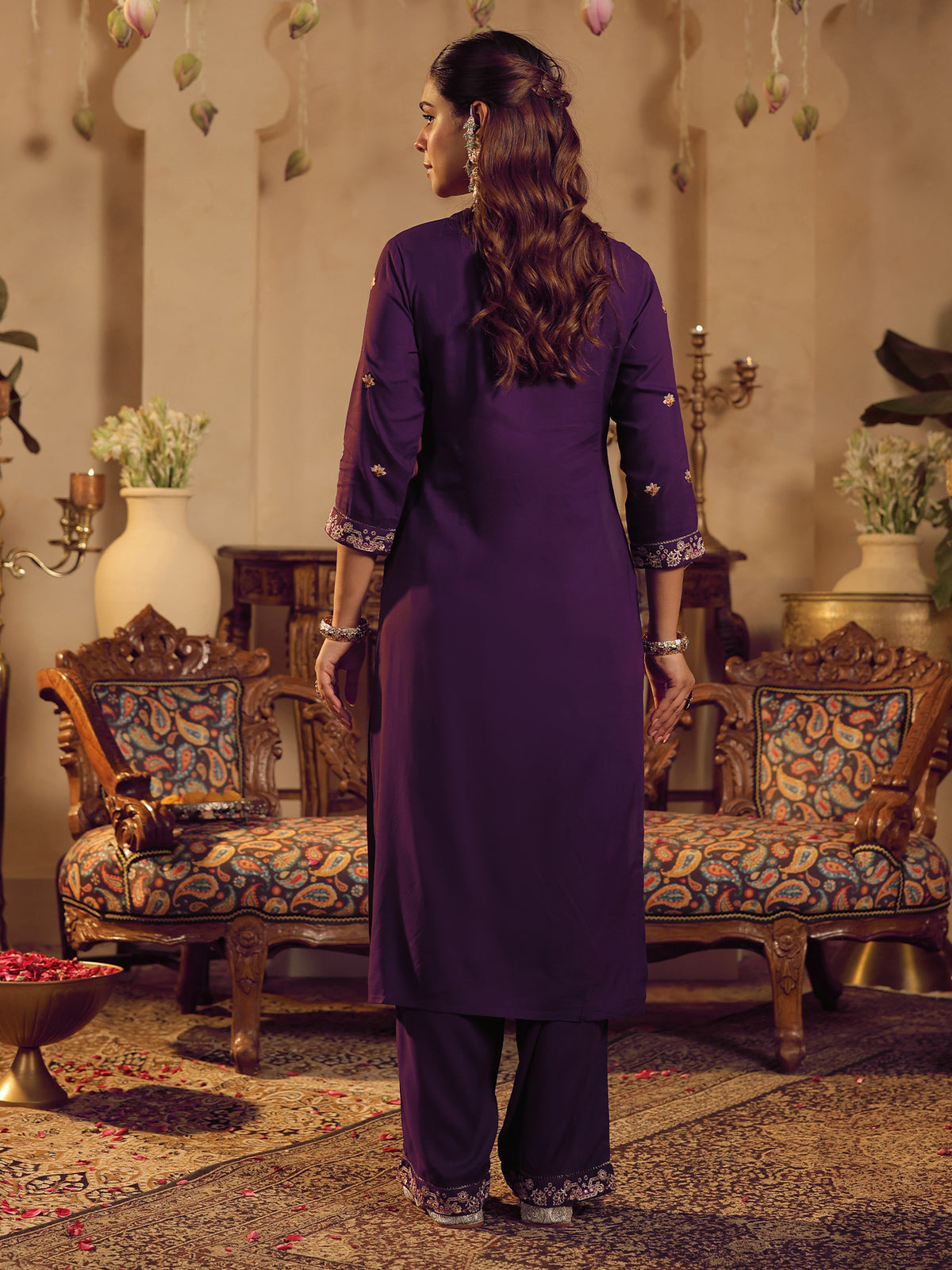 Purple Embroidered Straight Kurta Palazzos With Dupatta Set-KH5PR12086