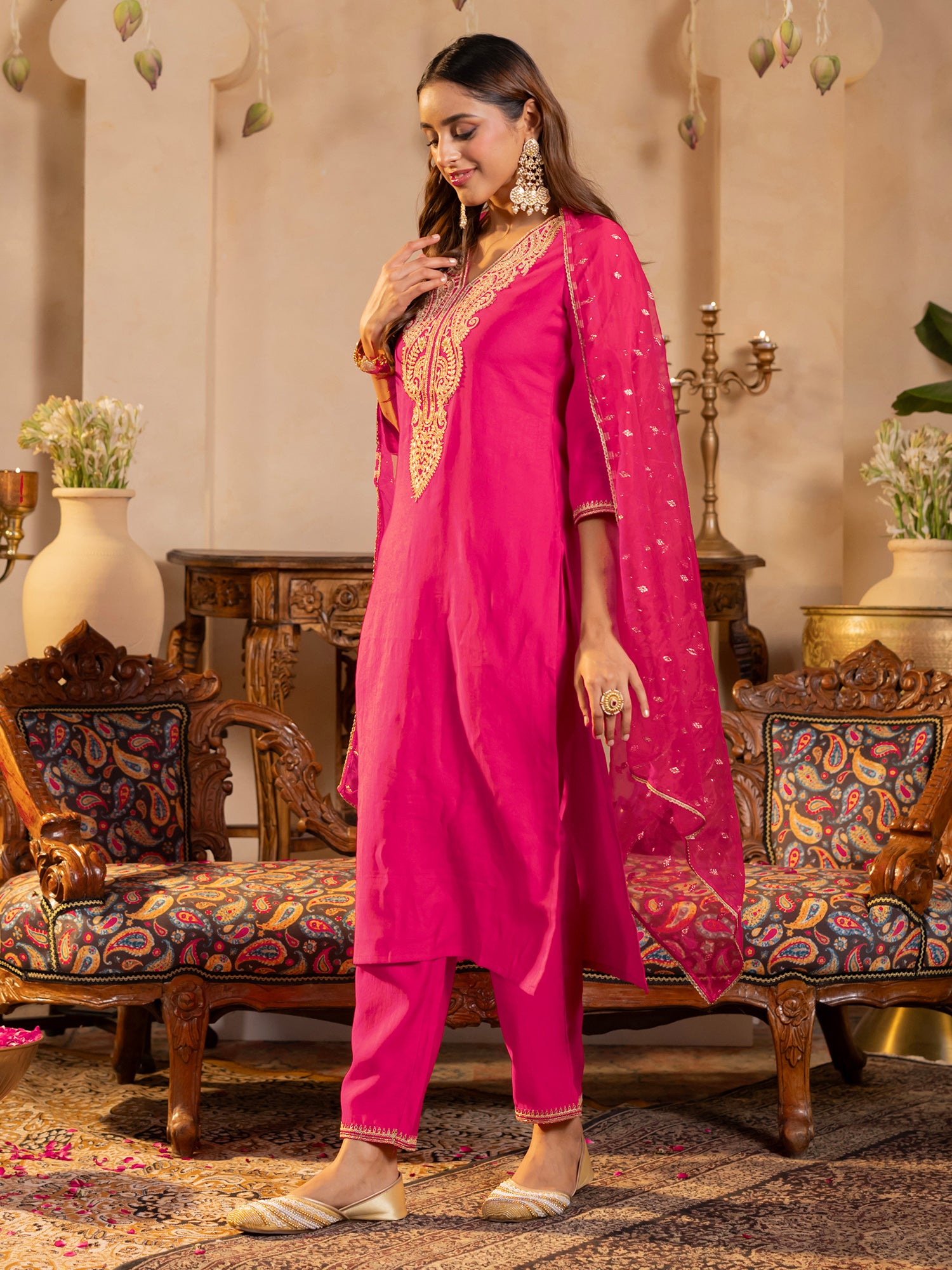 Pink Embroidered Straight Kurta Trousers With Dupatta Set