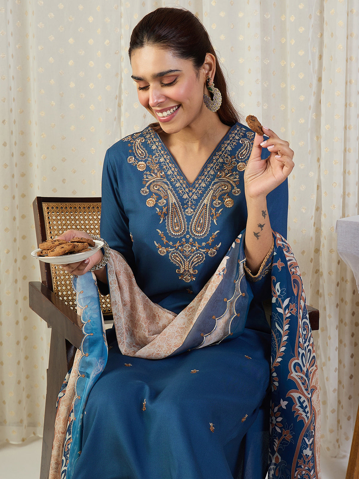 Blue Embroidered Straight Kurta Palazzos With Dupatta set