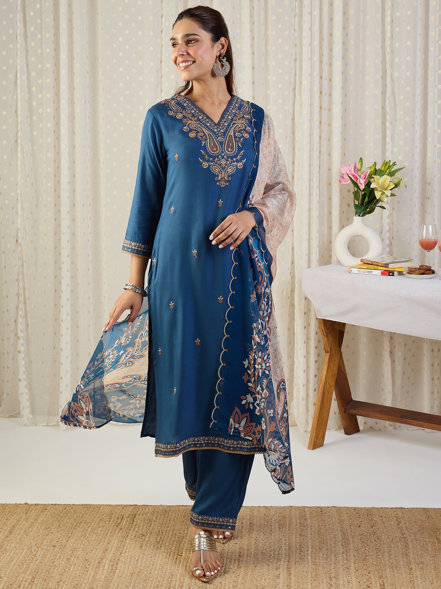 Blue Embroidered Straight Kurta Palazzos With Dupatta set