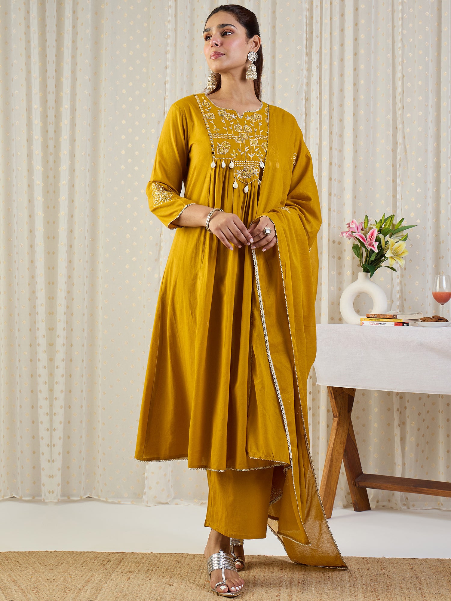 Yellow Embroidered A-Line Kurta Palazzos With Dupatta set
