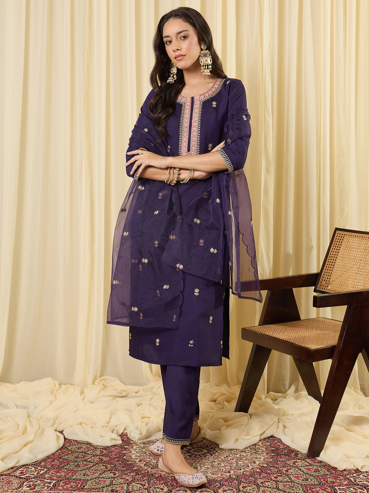 Purple Embroidered Straight Kurta Trousers With Dupatta Set-KH9PR12424