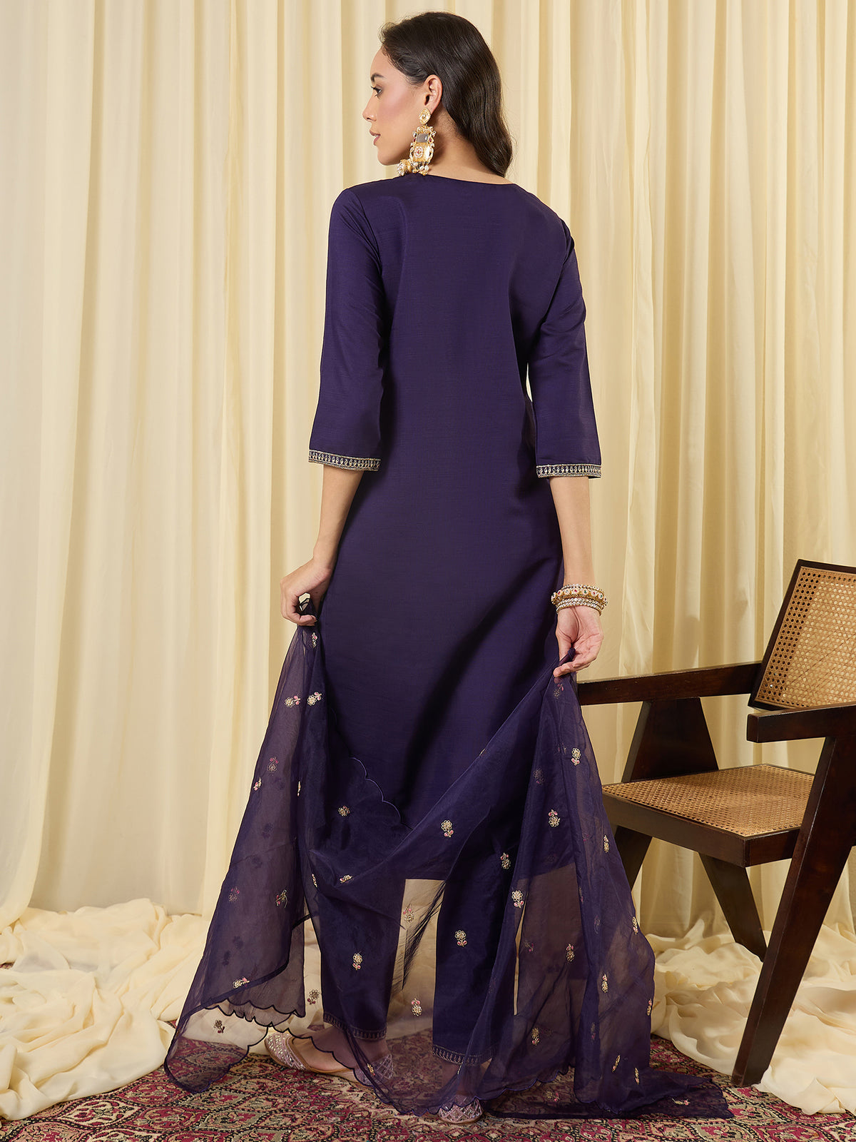Purple Embroidered Straight Kurta Trousers With Dupatta Set-KH9PR12424